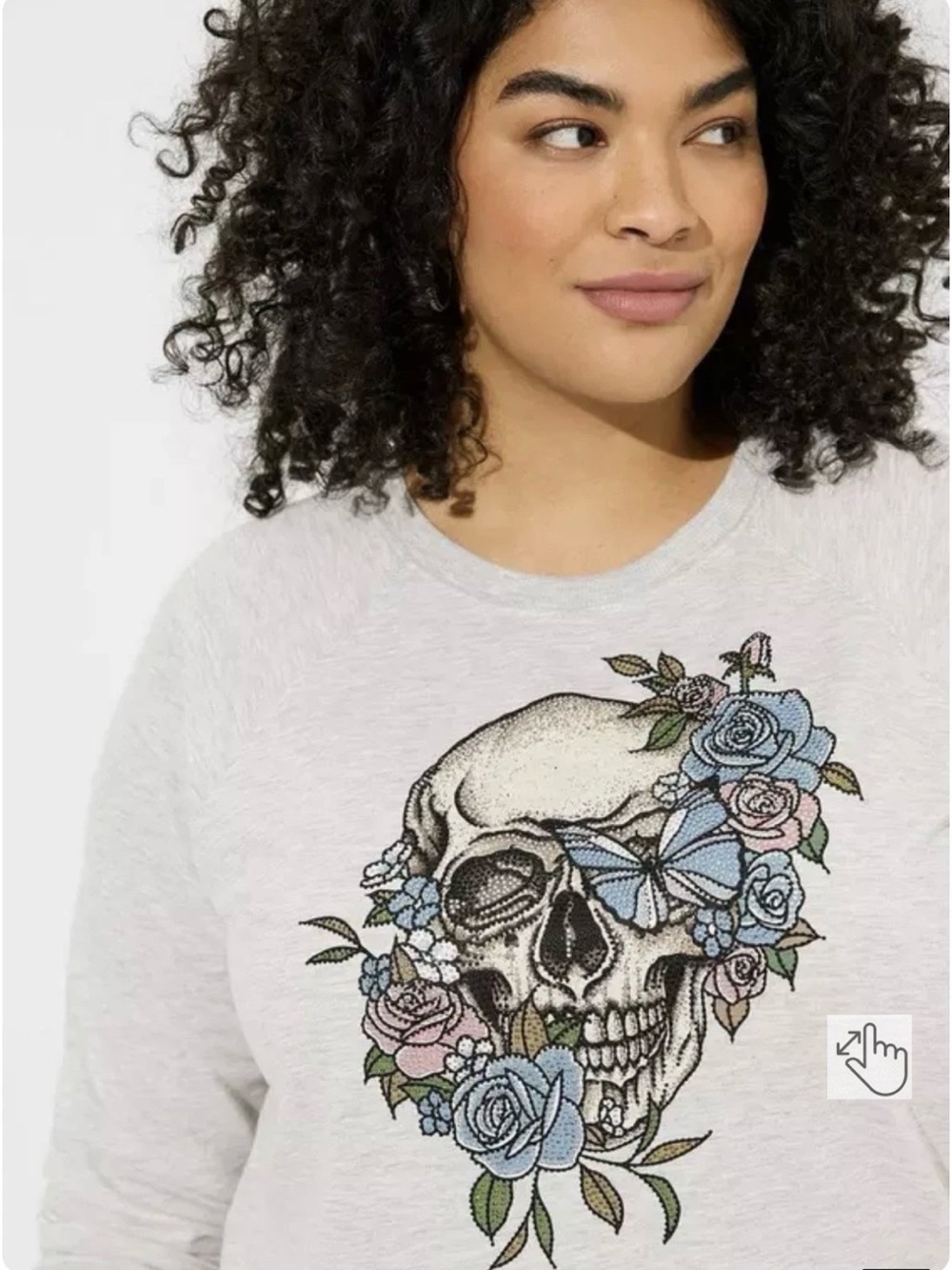 torrid Light Gray Floral Skull Crewneck Lightweight Sweatshirt